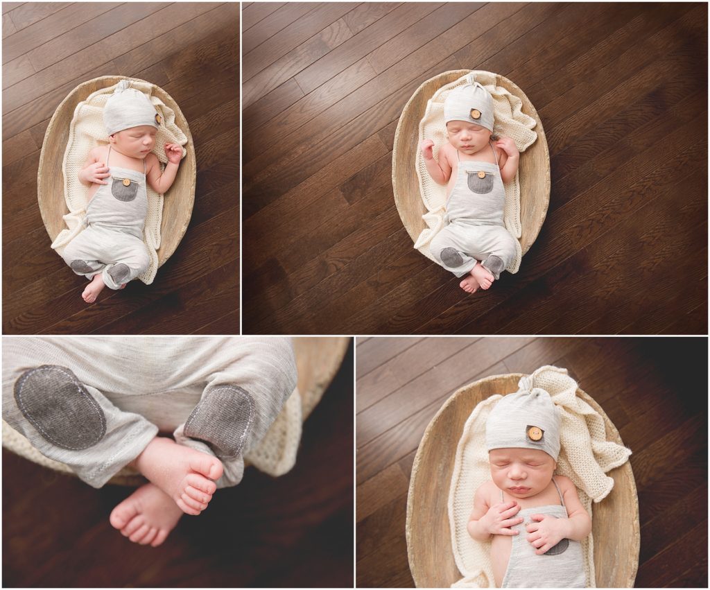 Newborn baby boy romper bowl wood floor baby photographer Chandler | Phoenix