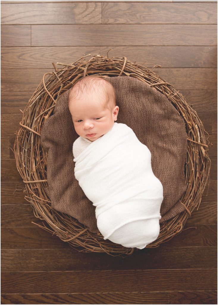 Newborn in nest wood flooring Chandler | East Valley Newborn Photographer