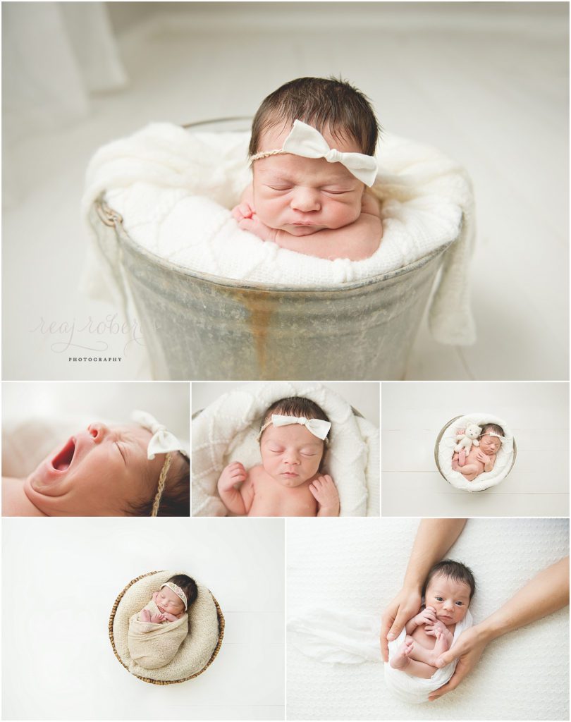 Newborn poses in bucket and basket