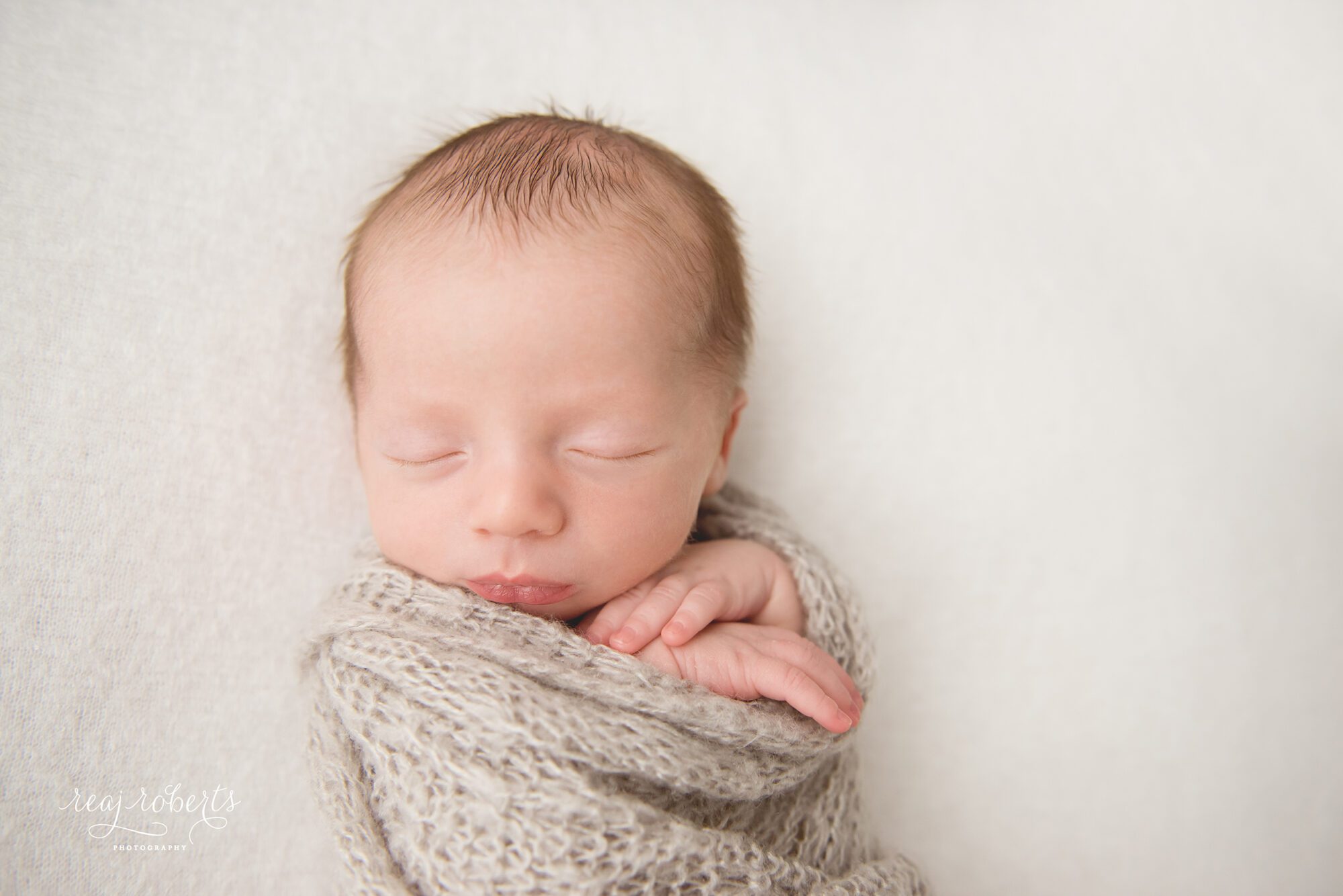 Newborn swaddle grey mohair wrap | Reaj Roberts Photography
