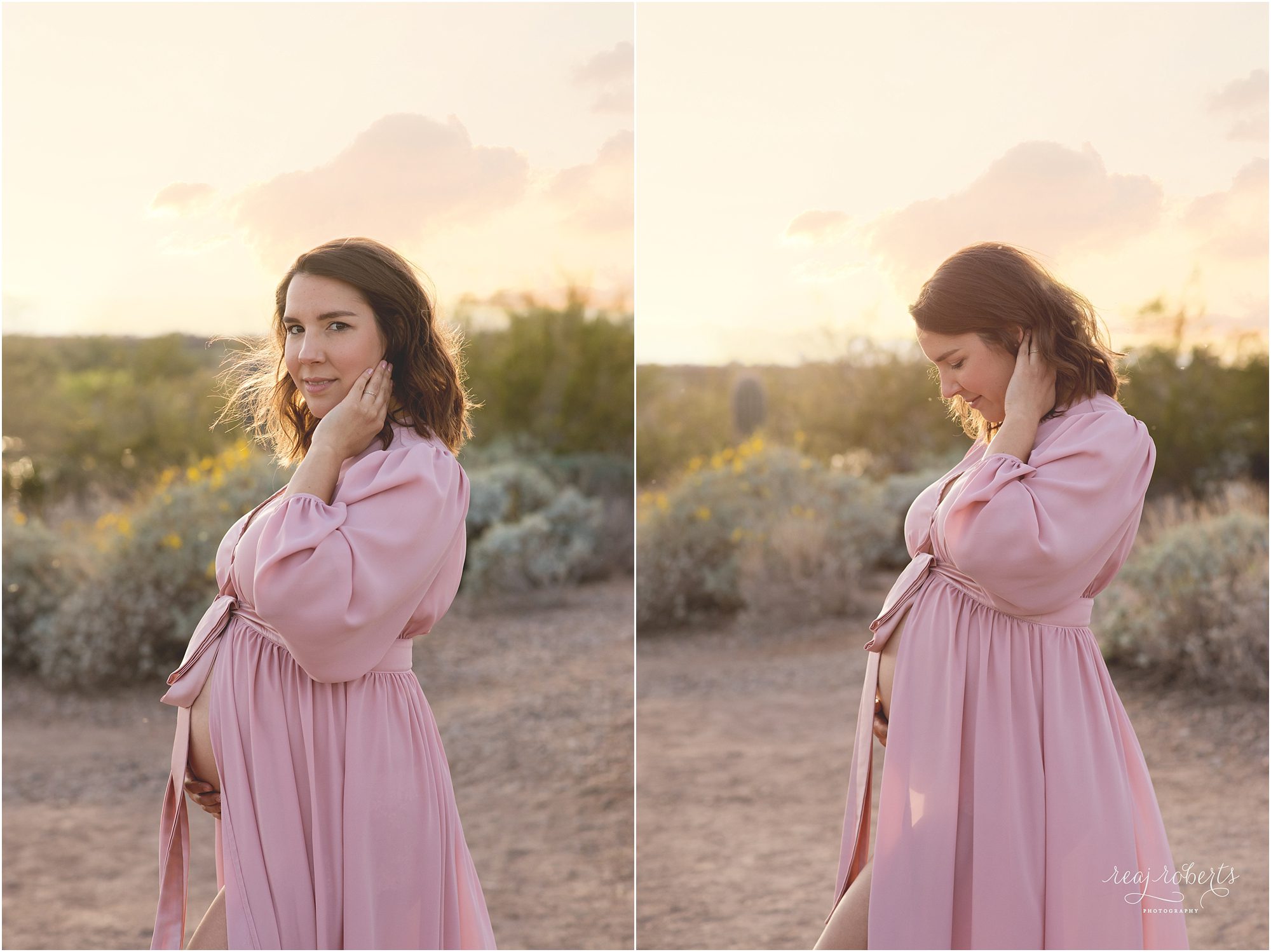 Maternity photos blush sunset desert | Reaj Roberts Photography