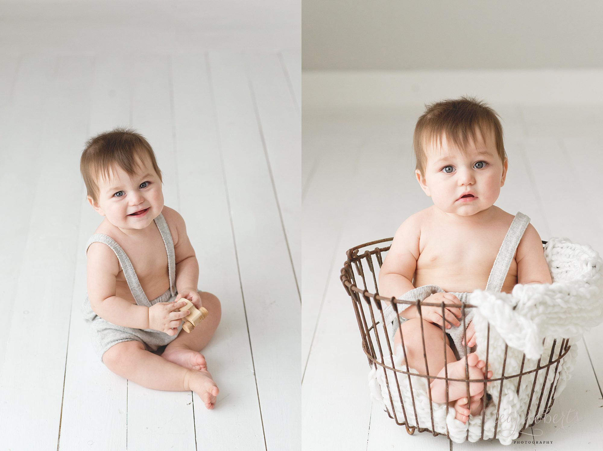 6 month baby boy sitting in basket | Reaj Roberts Photography 