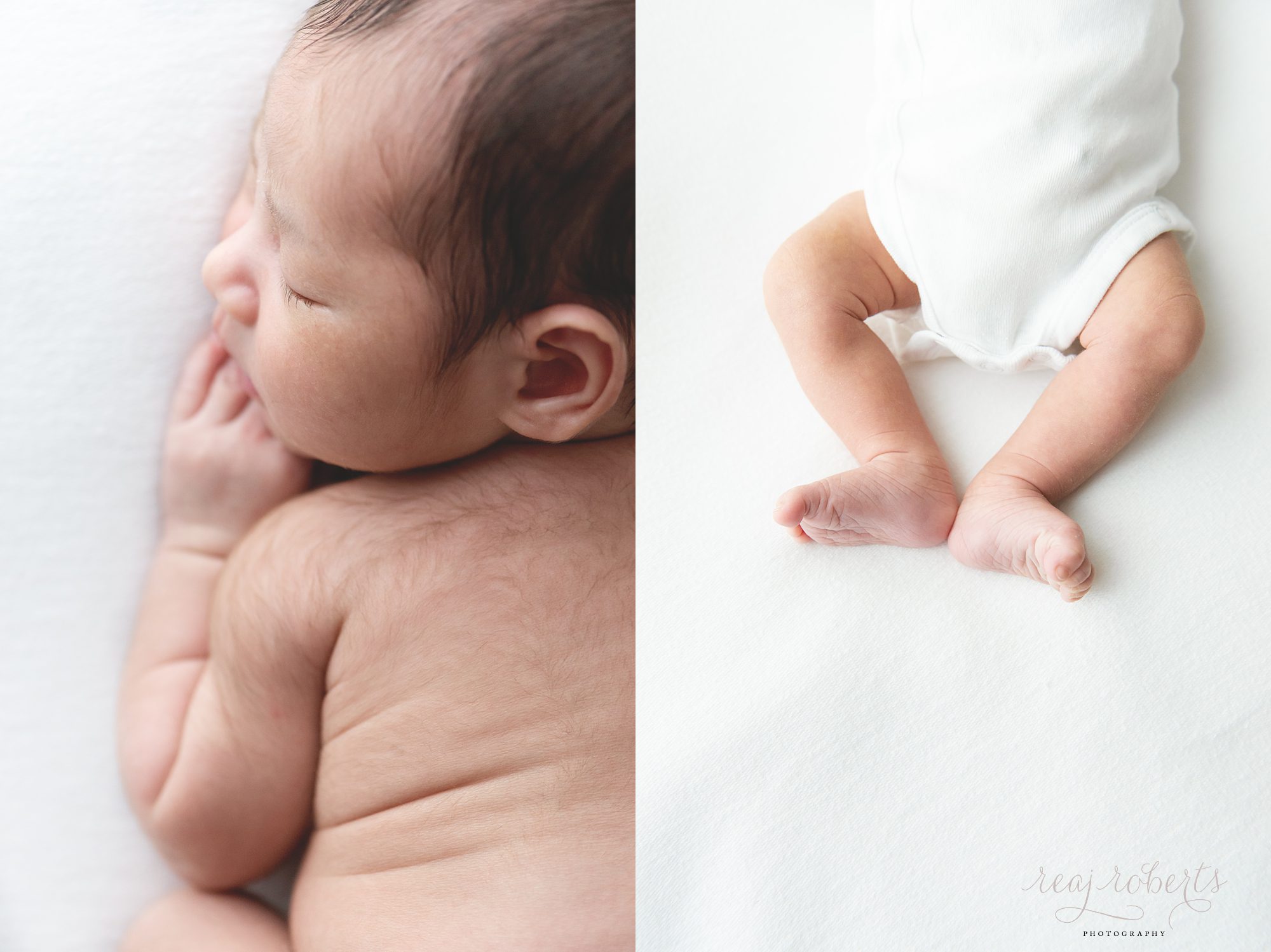 newborn baby side view and baby toes feet and legs | Reaj Roberts Photography