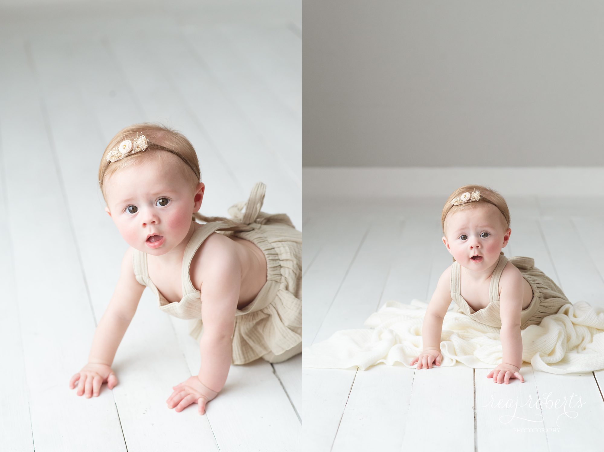 6 month sitter photo session in neutral linen romper | Reaj Roberts Photography