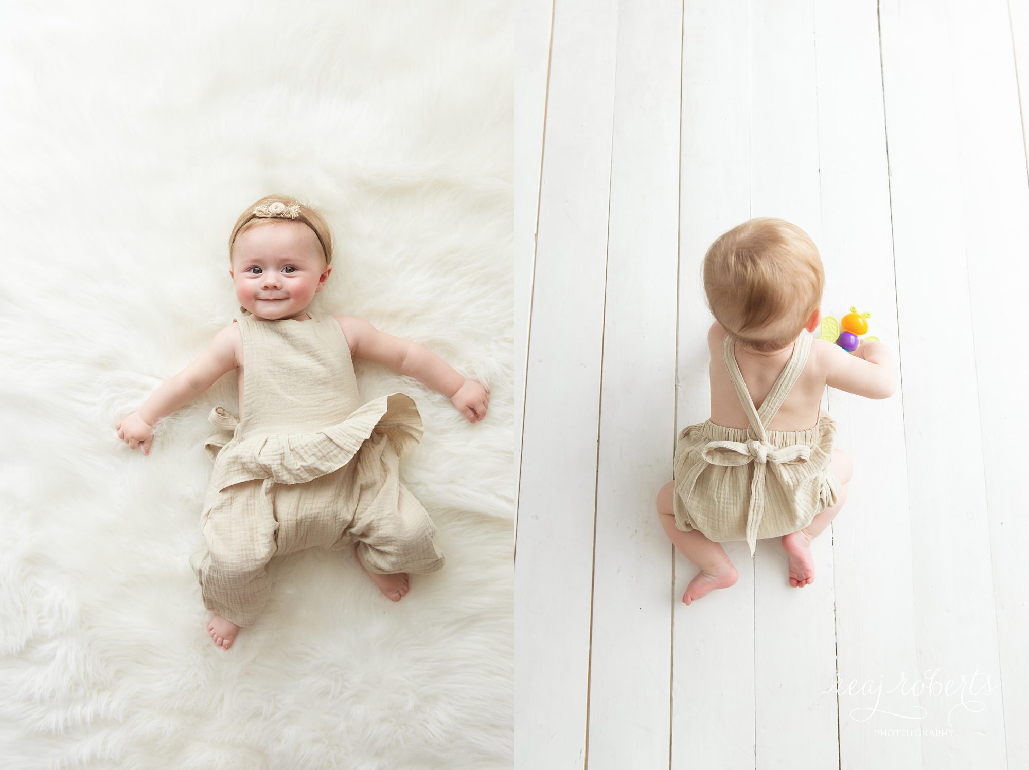 6 month baby girl linen romper what to wear | Reaj Roberts Photography