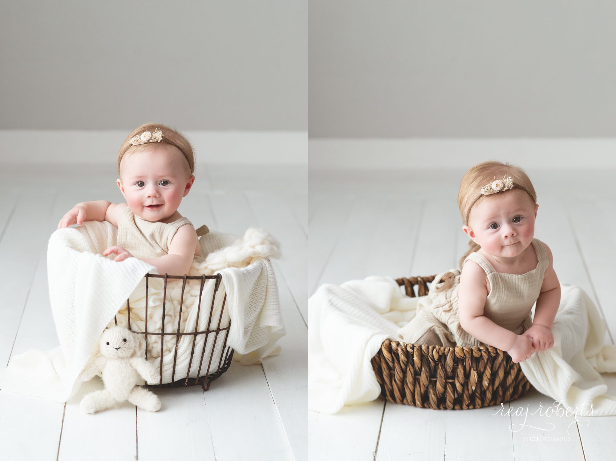 6 month baby sitting in vintage wire egg basket in neutral colors | Reaj Roberts Photography