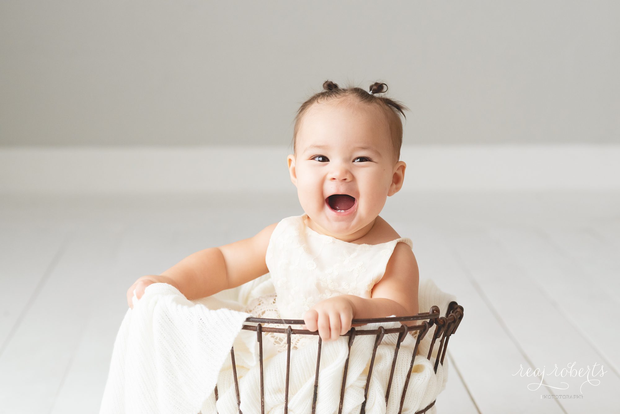 Sitter photos baby girl in wire basket milestone pictures | Reaj Roberts Photography