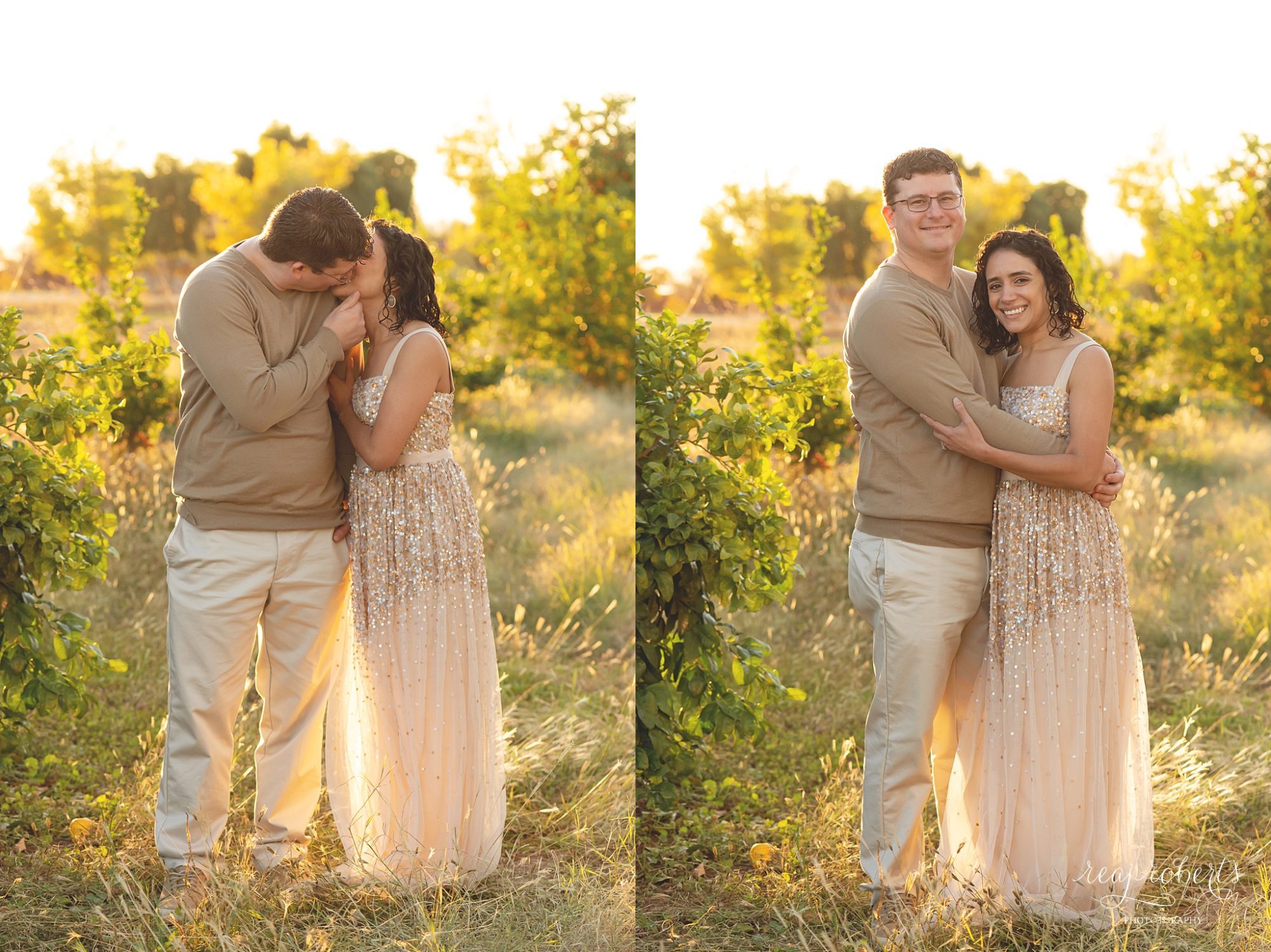 Parent poses in golden sunlight, neutral clothing, tall grass field, orange grove | Phoenix Family Photographer | Reaj Roberts Photography
