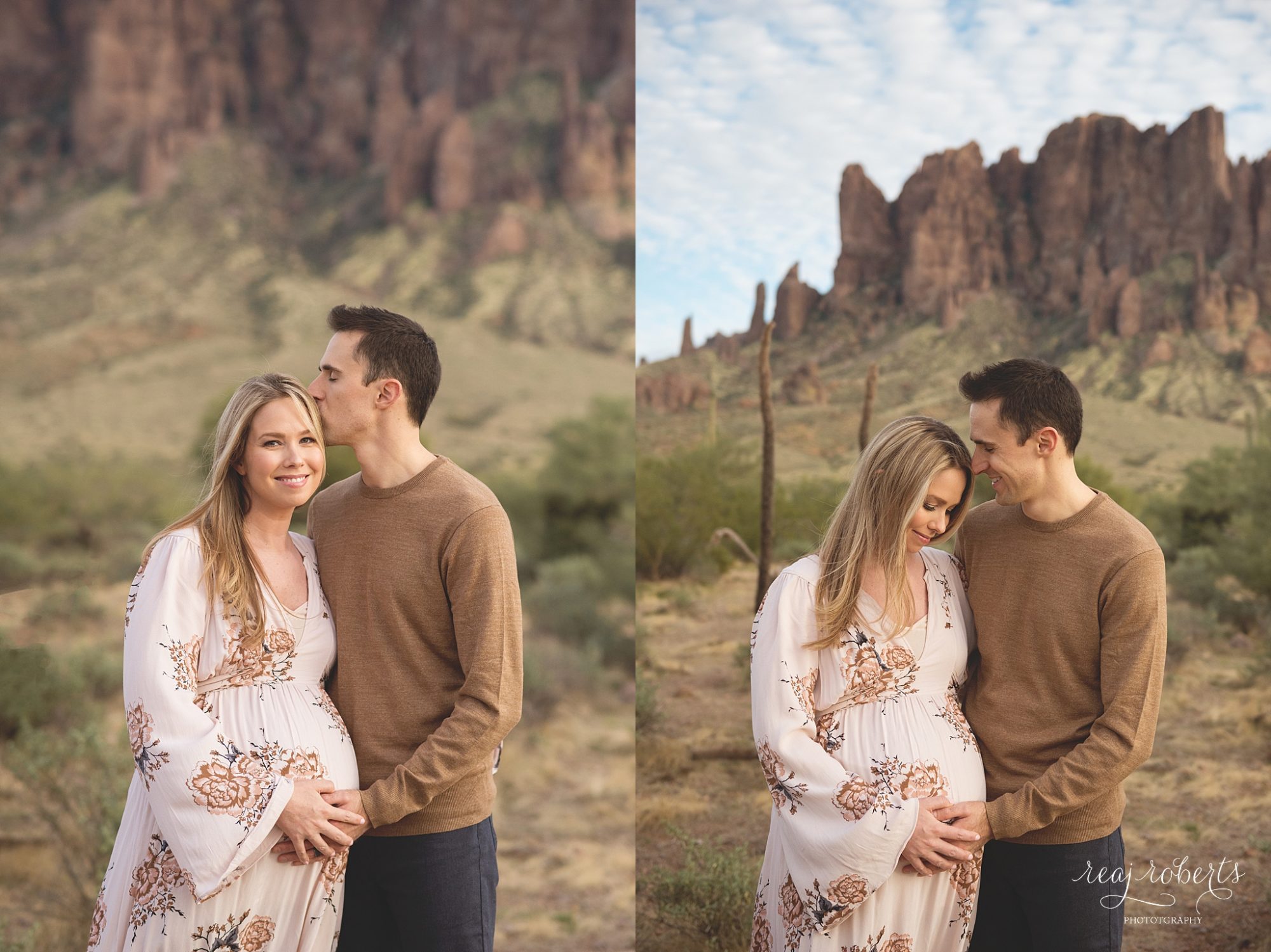 desert maternity photos in front of the Superstition Mountains