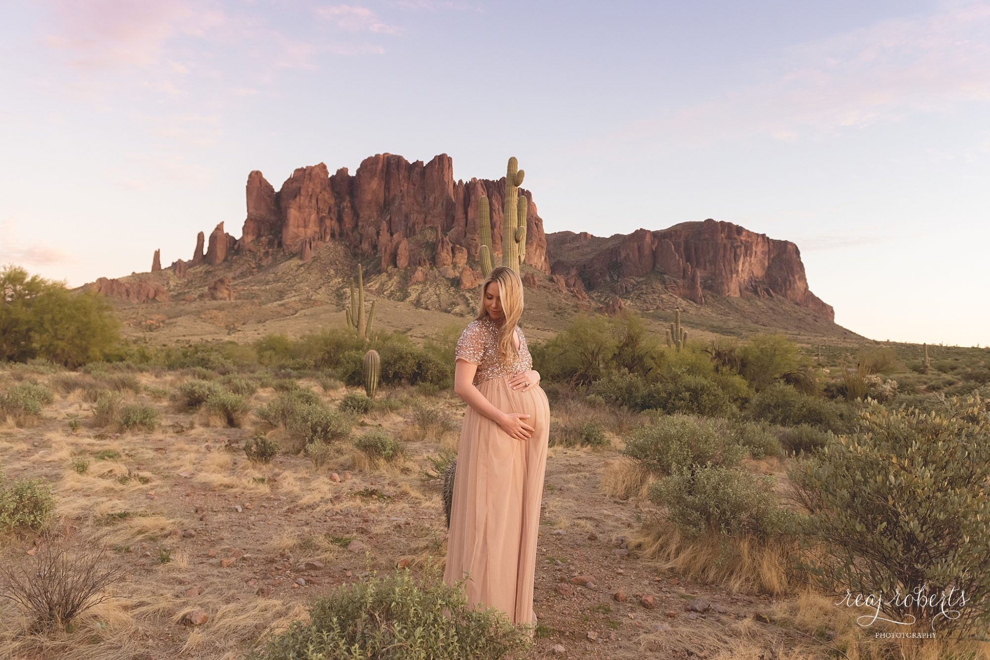 Beautiful maternity photos after sunset desert sky