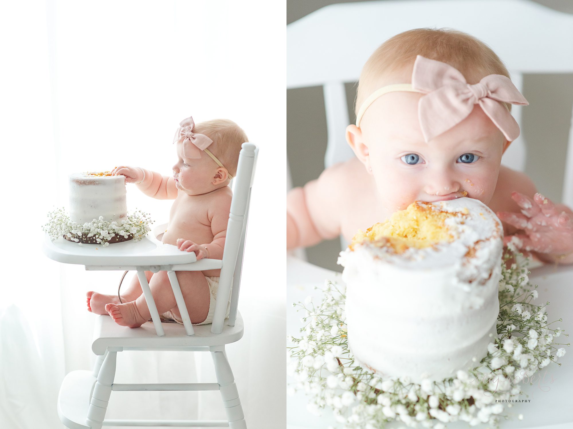 simple first birthday cake photos naked cake with flowers | Reaj Roberts Photography