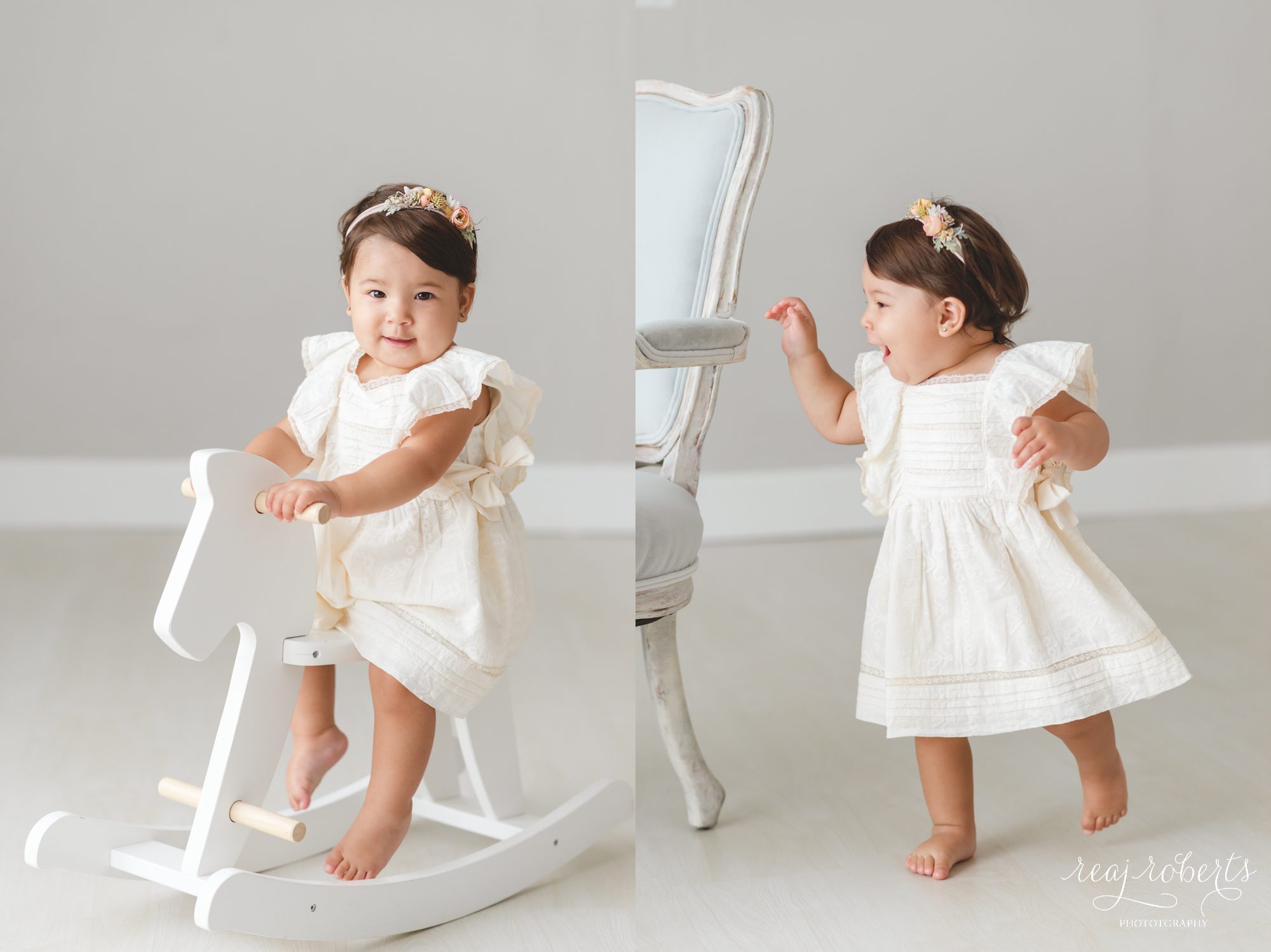 baby girl in white dress on rocking horse playing first birthday photos by Reaj Roberts Photography