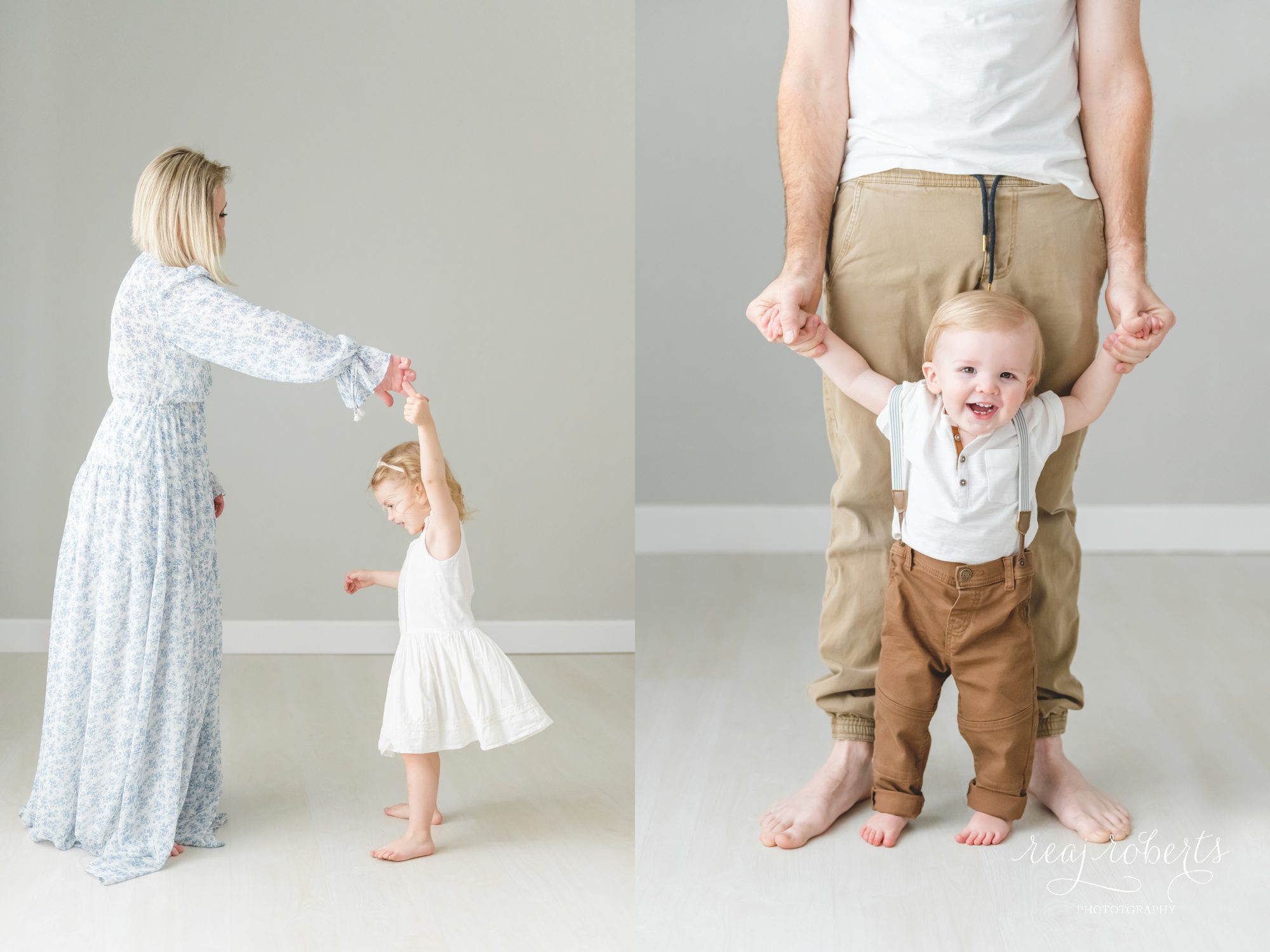 little girl dancing twirling with mom | baby boy walking with dad | Reaj Roberts Photography