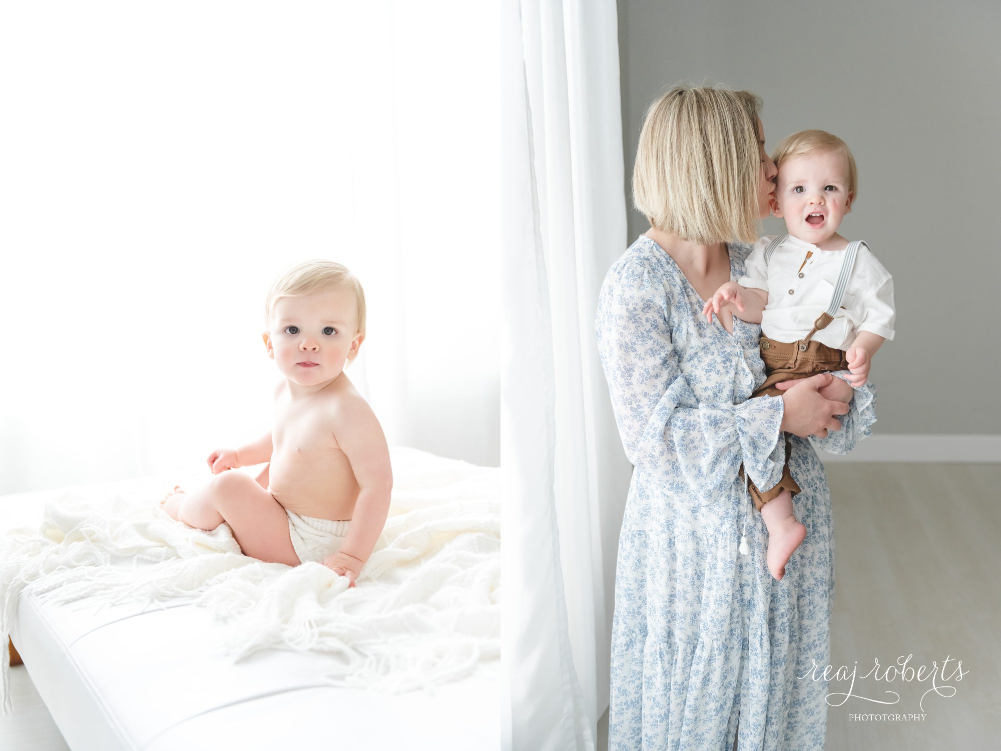 first birthday milestone photos baby sitting up baby with mom in blue floral dress | Reaj Roberts Photography